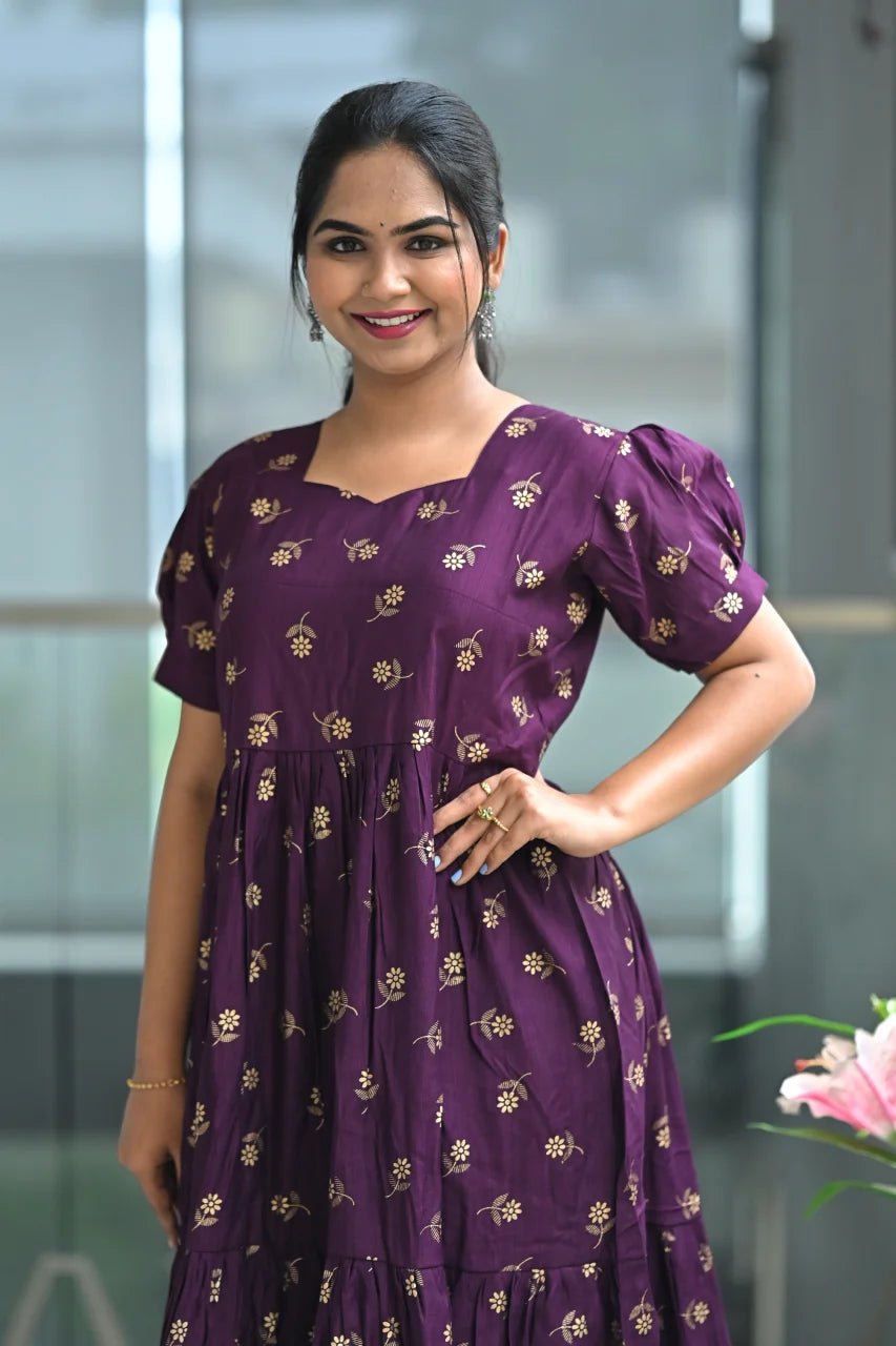 Women's Purple Rayon Tiered Midi Dress: Square Neck Puff Sleeves Wine Collor