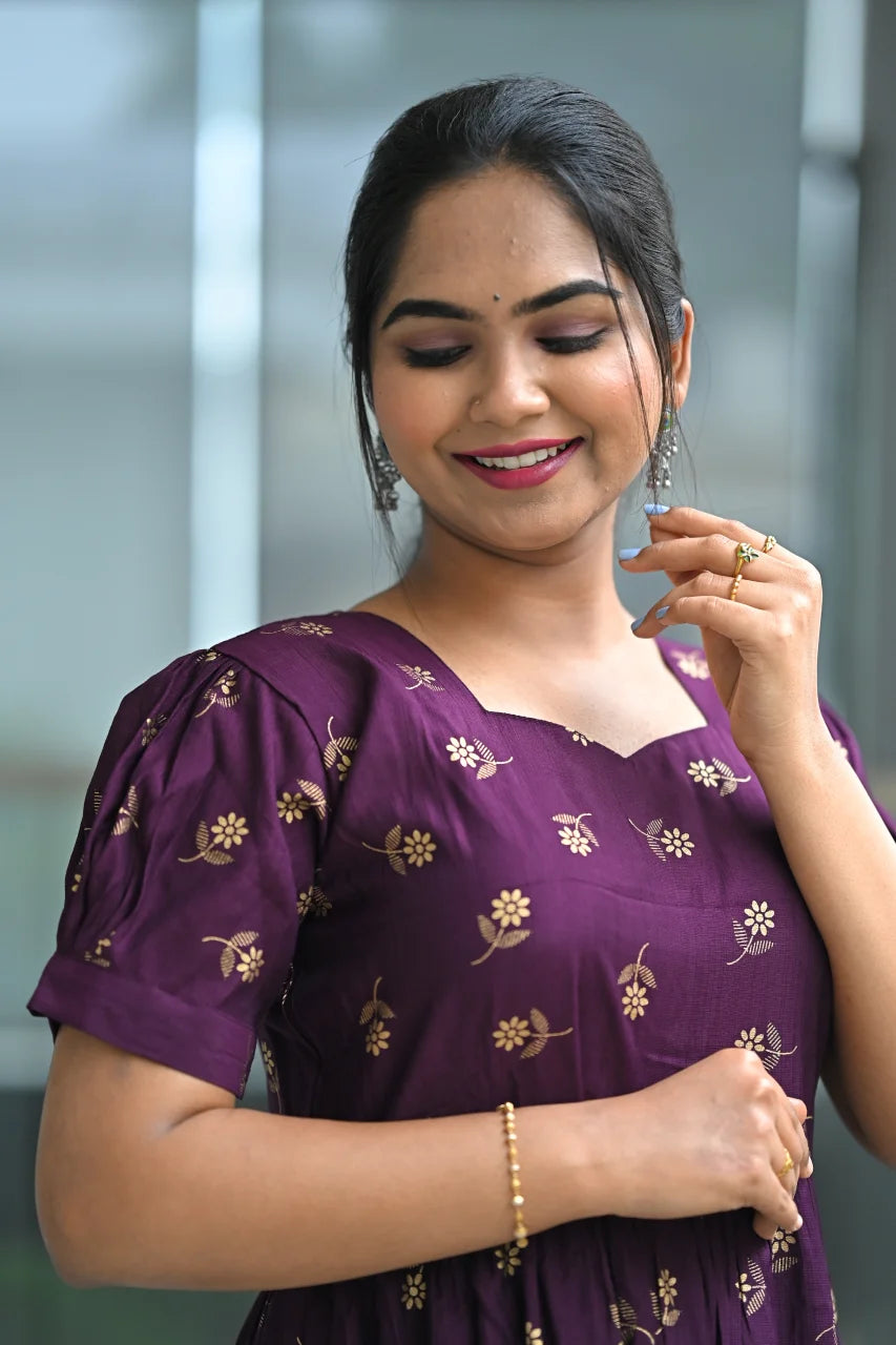 Women's Purple Rayon Tiered Midi Dress: Square Neck Puff Sleeves Wine Collor