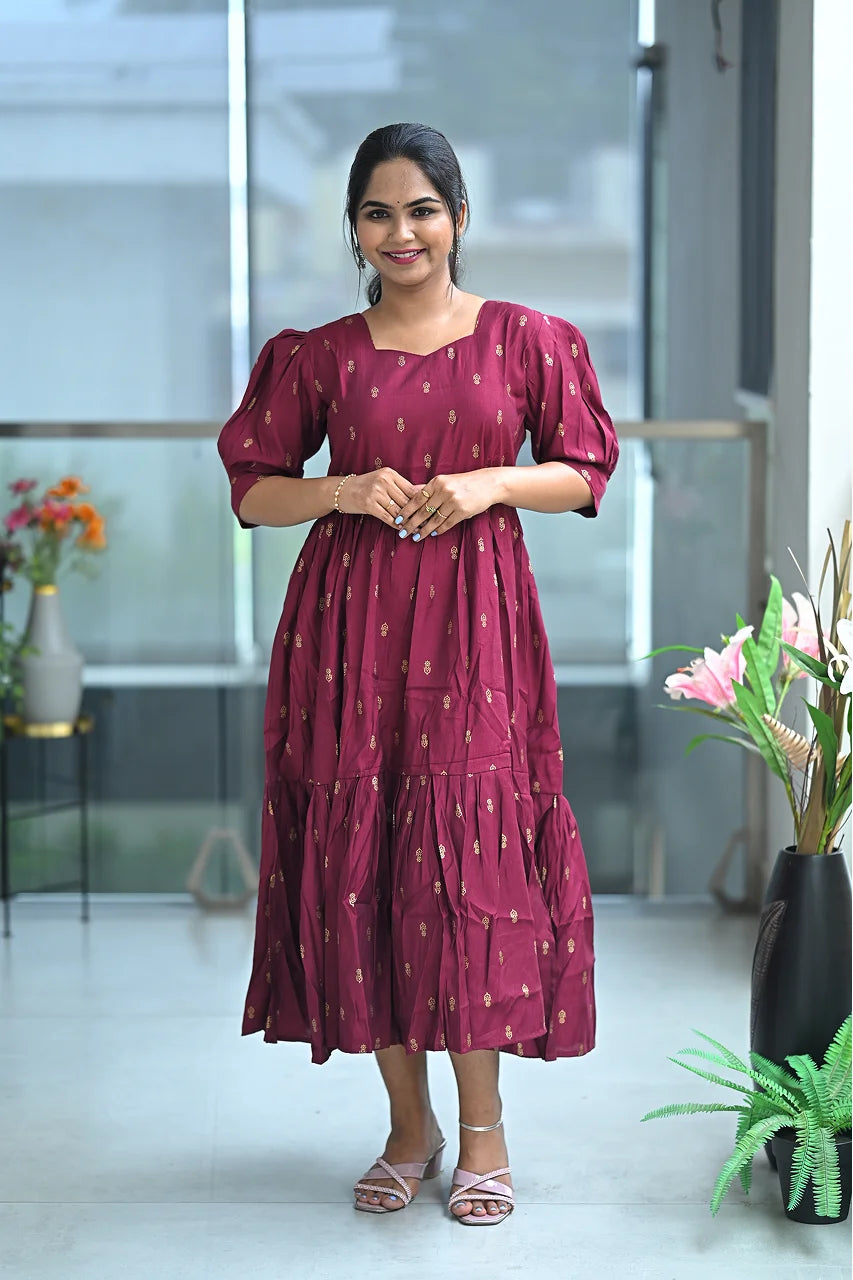 Women’s Maroon Rayon Tiered Midi Dress with Boat Neck & Elbow Puff Sleeves
