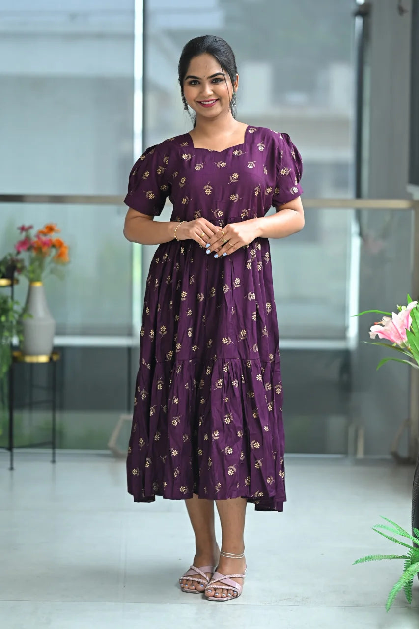 Women's Purple Rayon Tiered Midi Dress: Square Neck Puff Sleeves Wine Collor