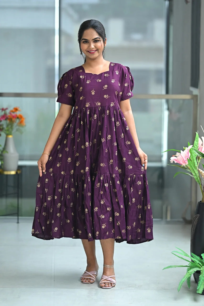 Women's Purple Rayon Tiered Midi Dress: Square Neck Puff Sleeves Wine Collor